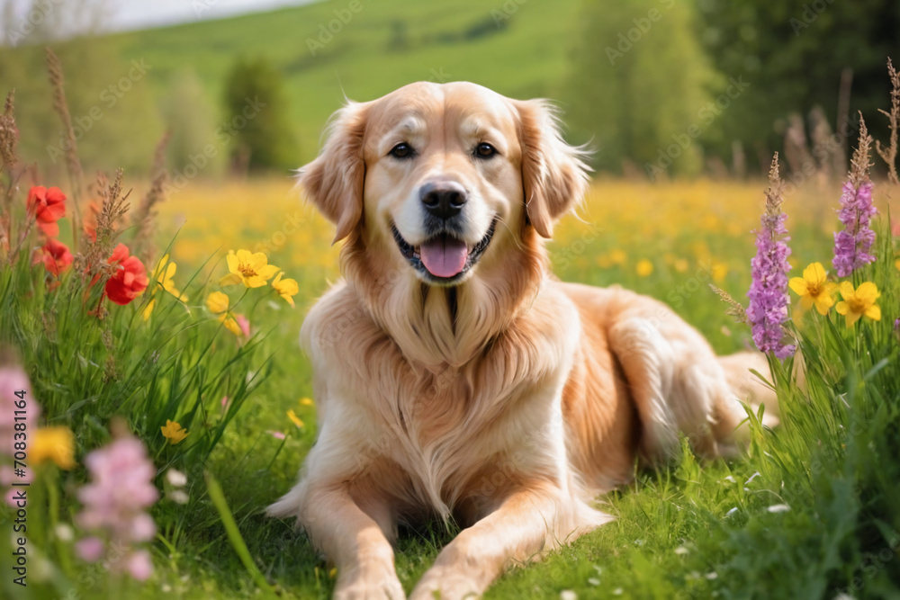 A golden retriever in the grass, spring meadow full of colorful flowers A golden retriever in the grass, spring meadow full of colorful flowers