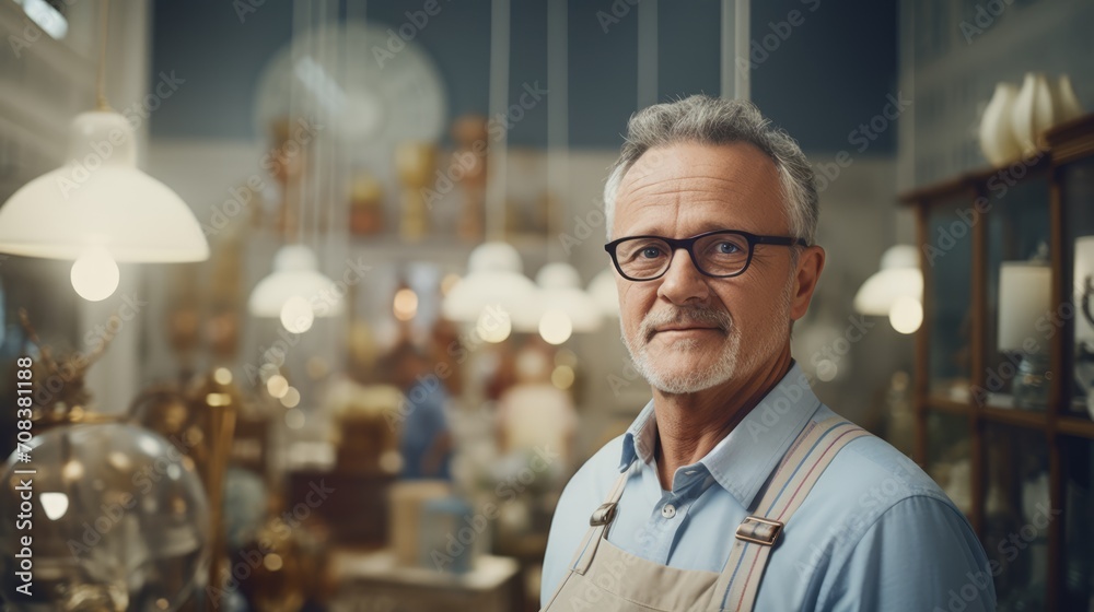 Male salesman in an antique store. Portrait on a blurred background. Male salesman in an antique store. Portrait on a blurred background.