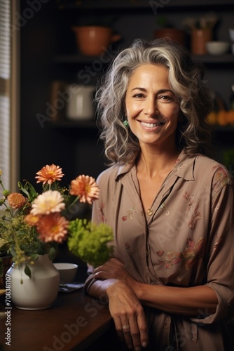 Portrait of a smiling middle-aged woman with gray hair and a floral shirt © duyina1990