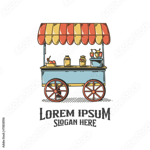 food cart engraved style hand-drawn logo design illustration, vintage food cart logo