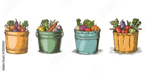 set of colourful bin with vegetables engraved style hand-drawn design