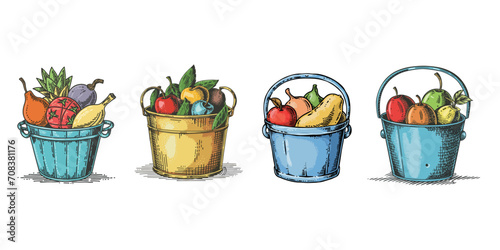 set of colourful bin with fruits engraved style hand-drawn design