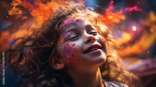 A little girl enclosed in a vibrant paint explosion with her eyes closed, Generative AI. © Planum