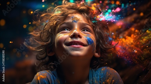 A little boy enclosed in a vibrant paint explosion with his eyes closed, Generative AI.
