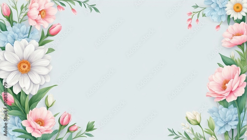 Beautiful flower frame composition on pastel background with copy space for Wedding invitation, Valentine's Day, Women's Day or Mother's Day