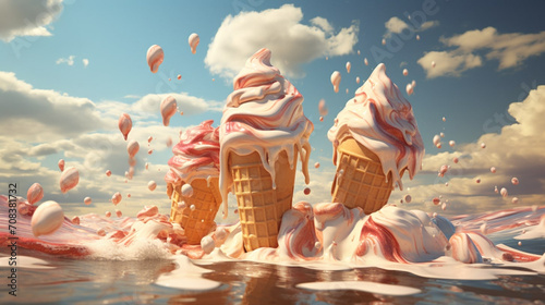 Beautiful ice cream in a cone floating in clouds, imagination fairy tale artwork. Cold summer refreshment. Generative AI
