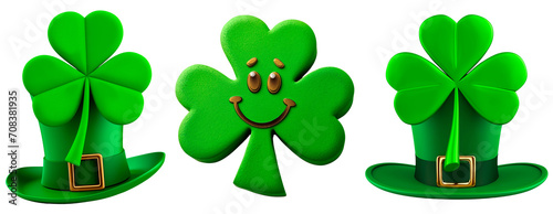 Set for St. Patrick's Day. Green hats with shamrocks. Happy shamrock with a smile. Isolated on a transparent background. photo
