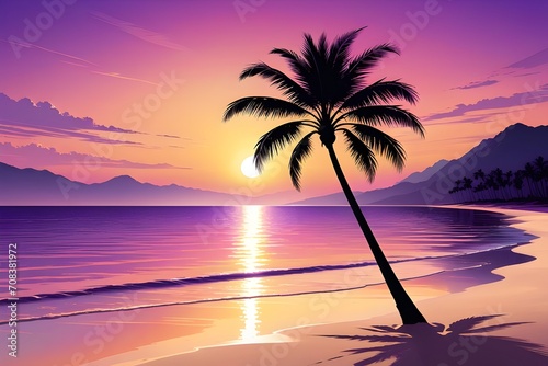 vector beach scene with sunset, palm sunday, Generated AI