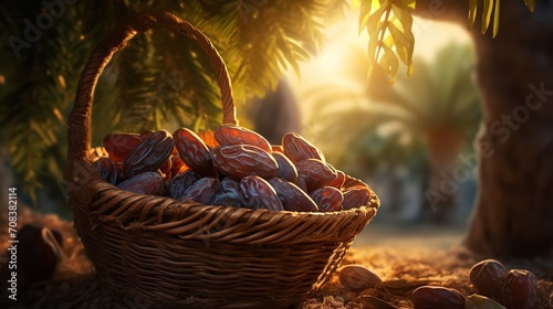 A basket of dates under a dates tree in sand  Generative AI.