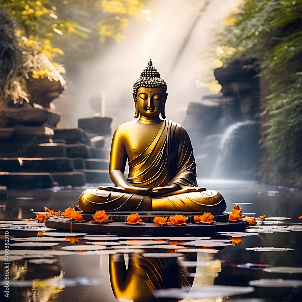 buddha statue in lake, flowers, sunlight
