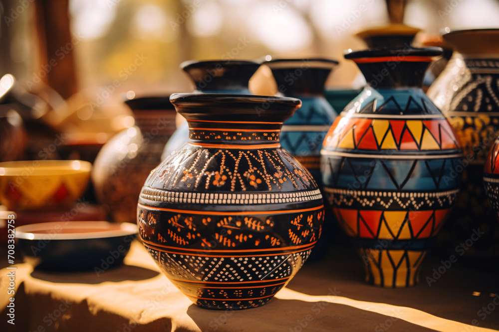 African pottery on display in sunlight. Traditional ceramic art and craft. Handcrafted pots with ethnic patterns for cultural heritage and home decor. African pottery on display in sunlight. Traditional ceramic art and craft. Handcrafted pots with ethnic patterns for cultural heritage and home decor.