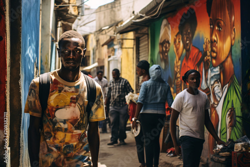 Man walking past African themed murals. Black History Month urban scene. Cultural street art depicting African heritage and identity