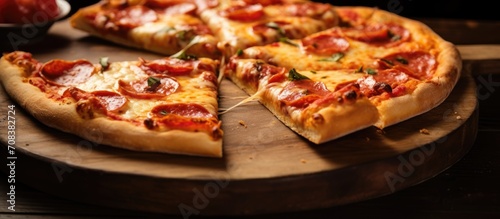 Fresh pizza slices displayed on a wooden plate in closeup.