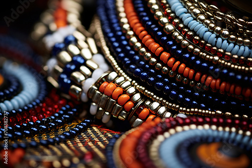 Close-up of intricate African beaded necklaces. Traditional craft and fashion. Handmade beadwork showcasing African cultural art and jewelry design photo