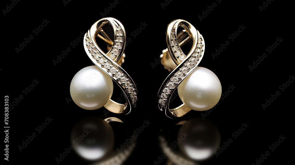 unique elegant design white pearl pieced earrings pair fine jewelry isolated on black background - obrazy, fototapety, plakaty 