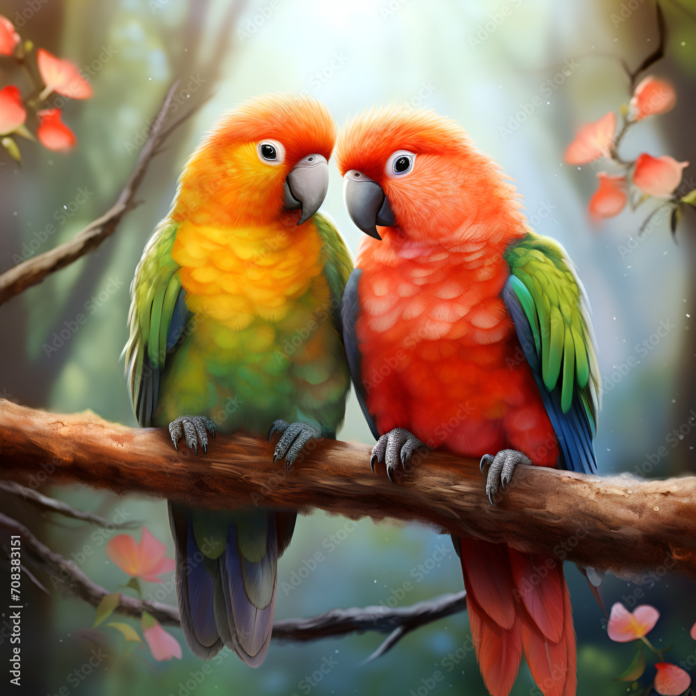 Vibrant Avian Duet Colorful Birds Perched on Flowers in Artistic Style,,
Budgerigar Lovebird Parrot Lories and lorikeets
