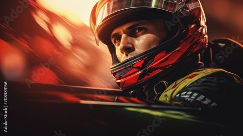 Race car driver portrait on blurred background. Sports concept photo