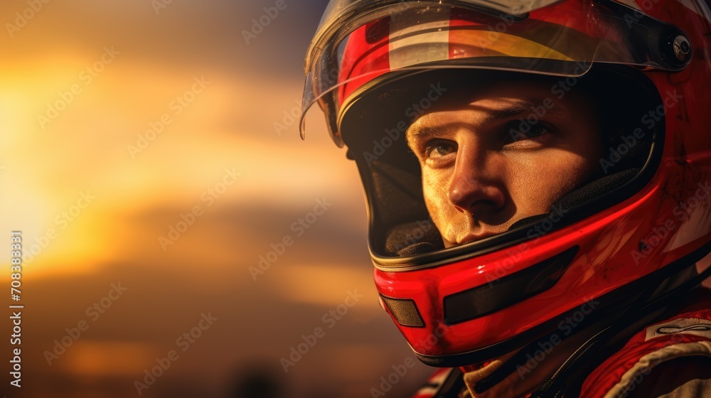 Obraz premium Race car driver portrait on blurred background. Sports concept