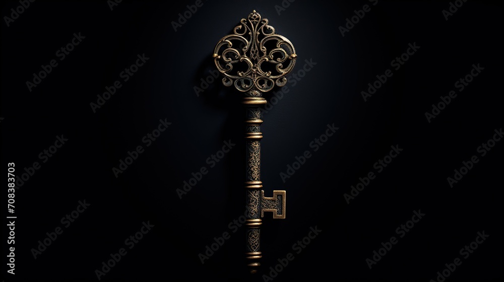 An ornate vintage key stands out against a dark background, evoking mystery and security.