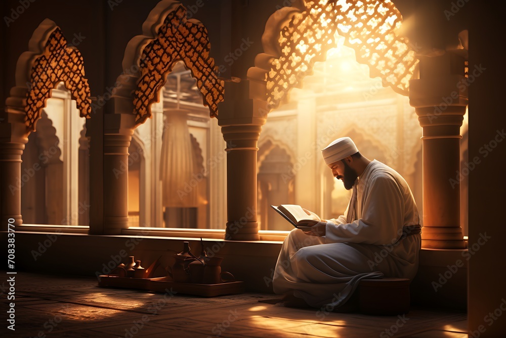A Muslim reciting Quran at masjid at evening view