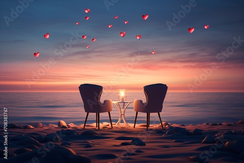 Romantic dinner table with two chairs on a beach photo