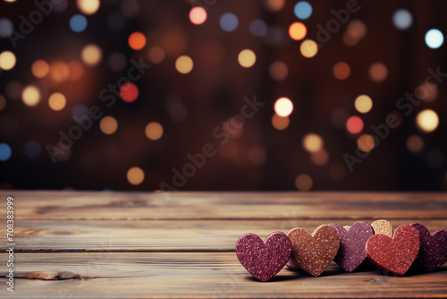 hearts on a blackboard, hearts on a wooden table, hearts on pieces of wood. Romance, greetings, background wallpaper postcard