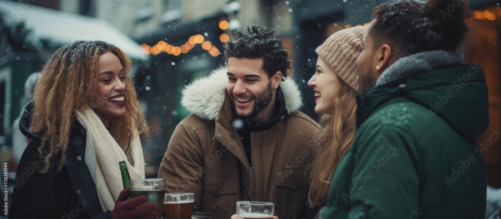 Fototapeta premium Diverse group of young friends celebrating outdoors in winter, bonding in an urban area