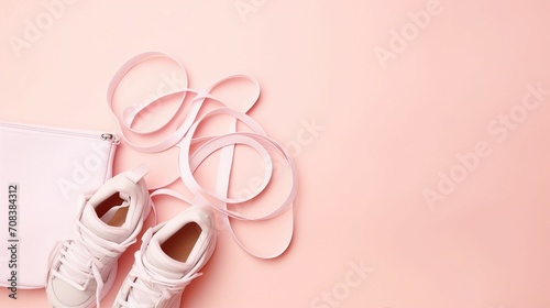 Elevate your fitness routine with these stylish white sneakers and pink resistance bands, creatively arranged on an isolated pastel pink background. Perfect for health and wellness concepts with ample