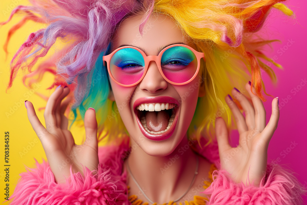 Fashion funny pink hair girl. Woman flipping colorful hair on bright background. Close-up of hippy young girl face. Pink hair style girl holding nerd glasses.
