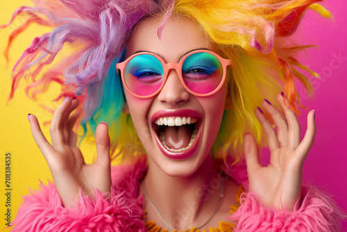 Fashion funny pink hair girl. Woman flipping colorful hair on bright background. Close-up of hippy young girl face. Pink hair style girl holding nerd glasses.