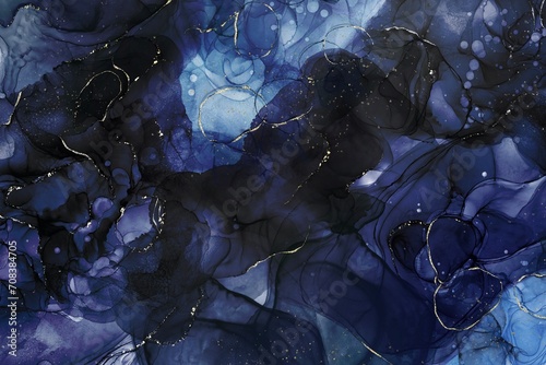 アルコールインクアートのダーク背景バナー。青い透明感のある波と金色グリッター photo