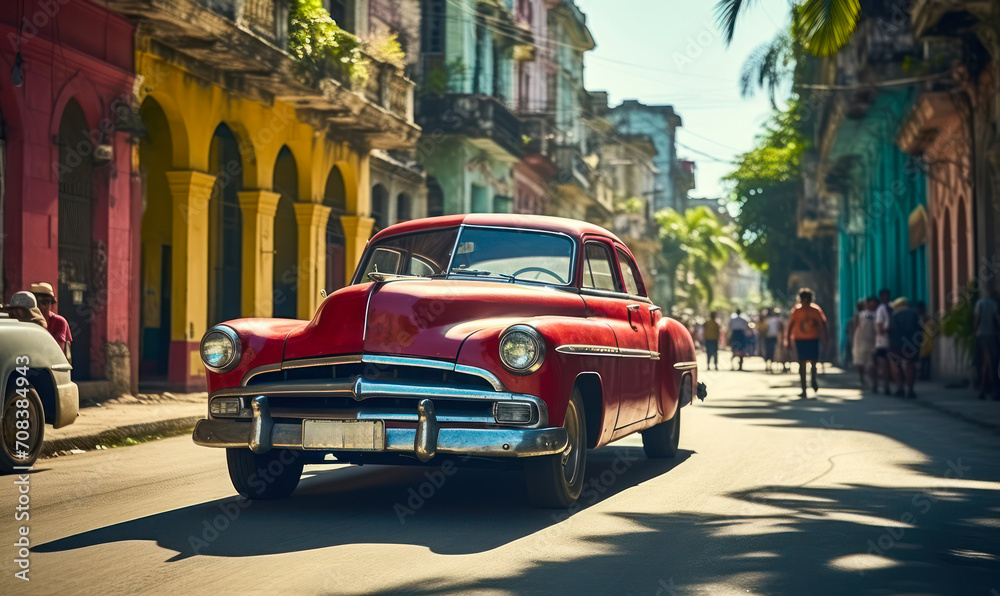 Vintage red classic car cruising on a sunny street in Havana with historical architecture and tropical vibes, capturing the essence of old Cuba - obrazy, fototapety, plakaty 