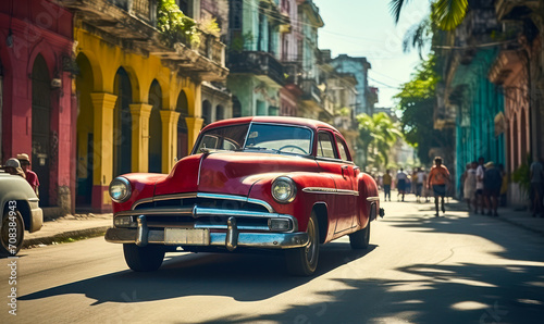 Vintage red classic car cruising on a sunny street in Havana with historical architecture and tropical vibes, capturing the essence of old Cuba photo
