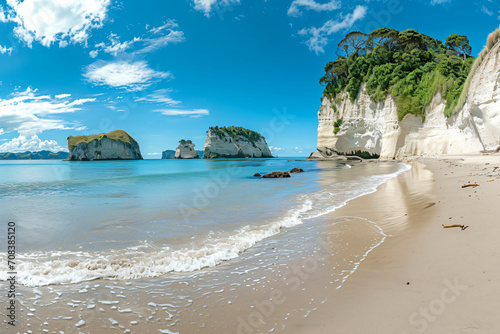 Panoramic image of Cathedral Cove beach in summer photo