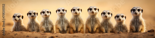 Meerkats standing tall in a row, their vigilant postures enhancing their watchful nature