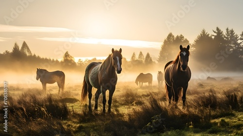 ranquil Pasture Harmony: Horses Grazing in Misty Morning Serenity - Witness the Calm Beauty of Equine Companionship