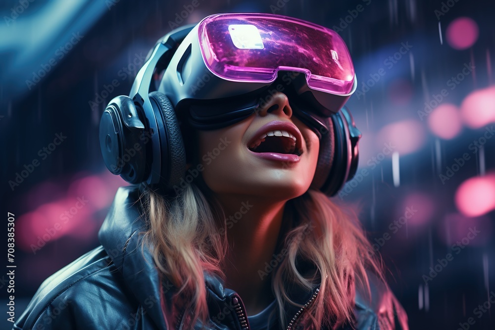 Ecstatic blonde woman wearing virtual reality headset Ecstatic blonde woman wearing virtual reality headset