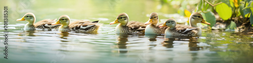 A row of ducks wading through a serene pond,  leaving ripples in their wake photo