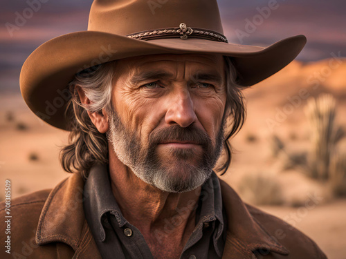Portrait of stoic cowboy, wearing brown color brimmed hat. Desert scenery in sunset lighting. © steve
