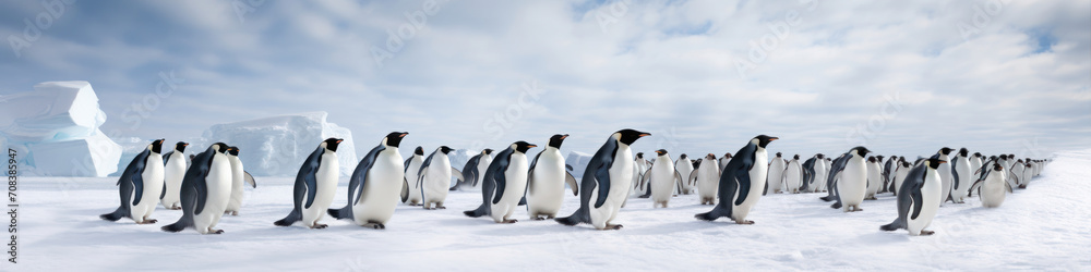 Obraz premium Penguins marching through the snow, their monochromatic appearance creating a captivating winter tableau