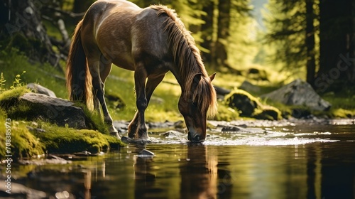Serenity Unveiled: Horse Sips from Crystal-Clear Stream - A Tranquil Moment Capturing Equine Harmony with Nature's Elegance © Epic graphy