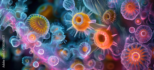Vibrant illustration of microscopic organisms in colorful environment. Science and education. © Postproduction