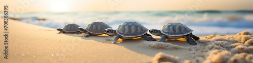 A row of turtles slowly making their way across the beach,  a serene and timeless scene photo