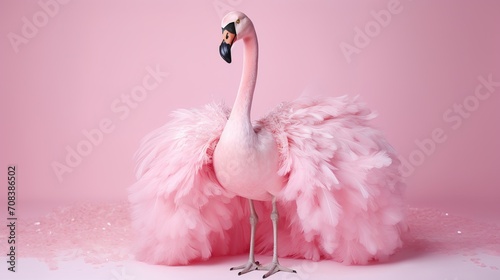Creative animal concept. Swan bird in glam fashionable couture high end outfits isolated on bright background advertisement, copy space. birthday party invite invitation banner