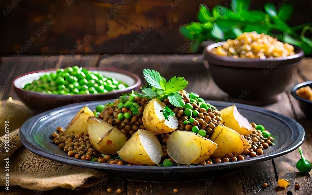 Lentils with potatoes and peas in a rustic style