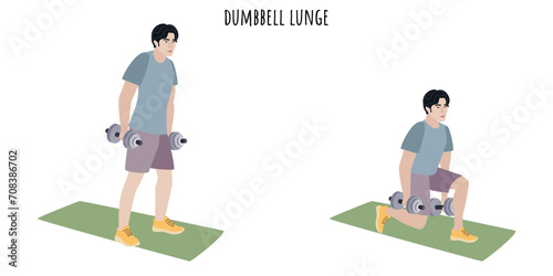 Asian young man doing dumbbell lunge exercise