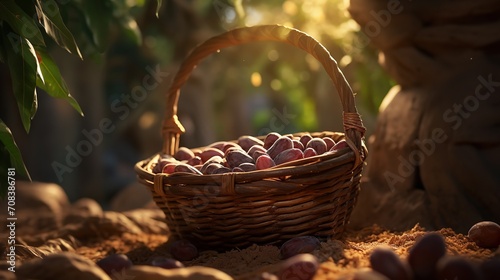 A basket of dates under a dates tree in sand  Generative AI.