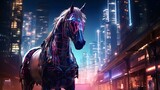 Cyber Equine Odyssey: Digital Artwork of a Horse in Futuristic Cityscape - Melding Nature's Grace with Cyberpunk Edge