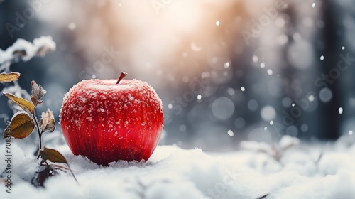 A red apple in a snowy backdrop with a big copy space, Generative AI. photo