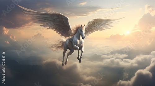 Ethereal Equestrian  Mystical Horse with Wings Soaring Above Clouds - Unleash the Magic in this Enchanting Equine Fantasy